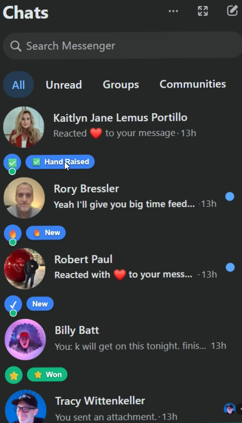 Messenger UI with tags and pipelines